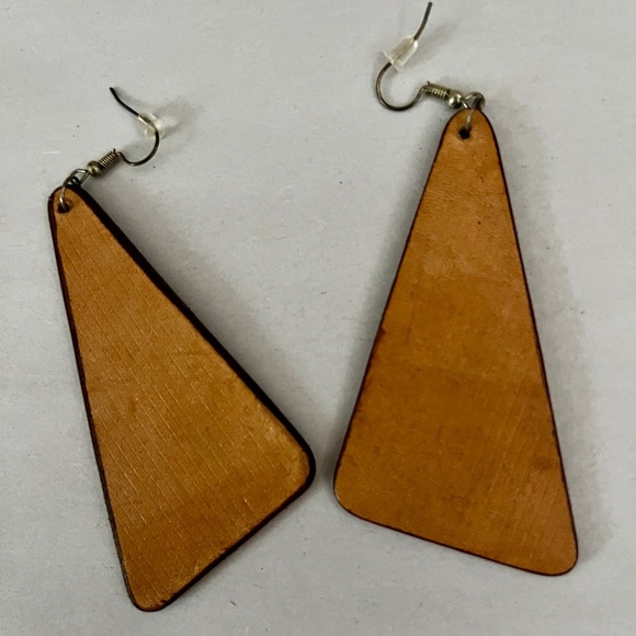 Handcrafted Blue and Tan leather Angel Wing Earrings - Picture 5 of 5